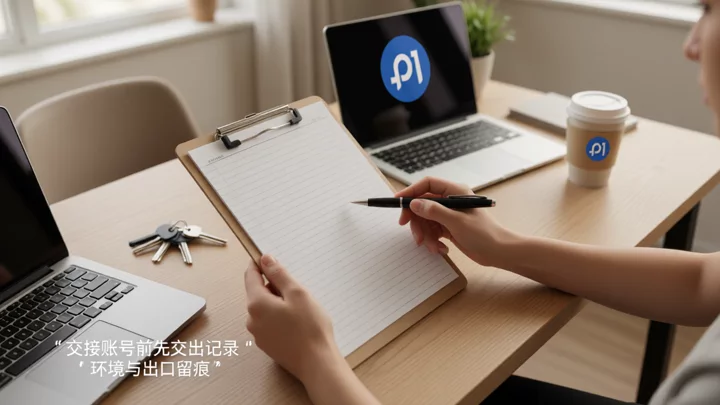 办公桌前两位同事交接一份空白记录表与一支笔,旁边放着一台合起的笔记本电脑和一串钥匙