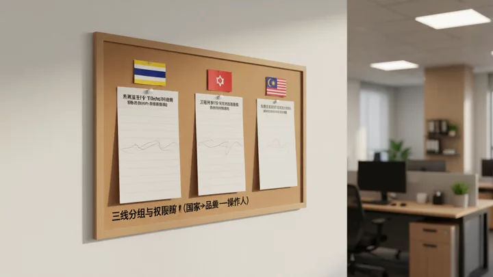国家-品类-操作人三级分组结构与子账号权限矩阵示意