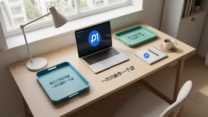 俯拍桌面上三个独立工作区,只打开其中一个托盘