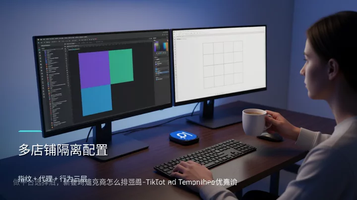 双屏工作台上，左侧屏幕运行隔离环境配置界面，右侧为运营数据面板，示意多店铺并行操作场景