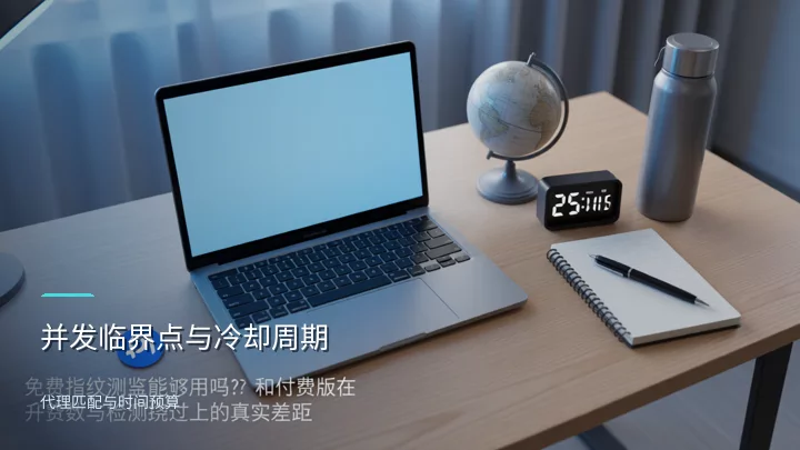 多 profile 并发场景下的工作桌面:世界地球仪、模拟计时器和笔记本暗示代理地理匹配与冷却周期