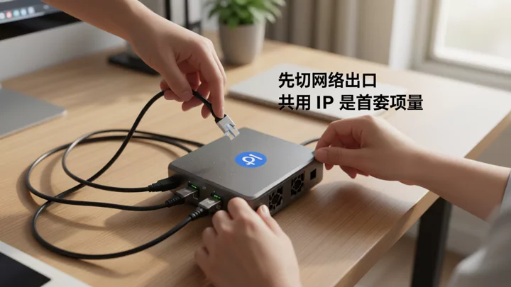 手把一根网线插入独立端口,代表先为每个店铺切断共用网络出口