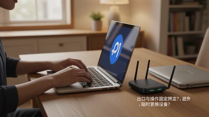 双手在笔记本电脑上操作，旁边是一台网络路由器与一台合上的备用笔记本
