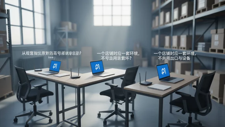 小型仓储办公区里三张各自独立的工位，每张工位配有自己的笔记本、路由器与纸质记录本