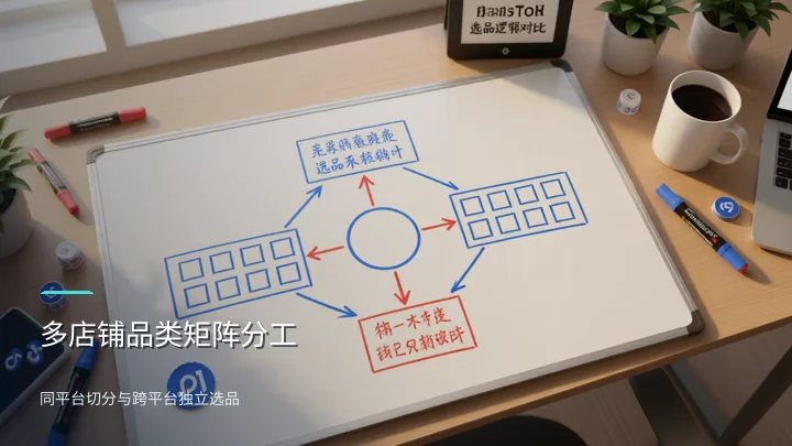 Category Matrix Division Diagram for Multi-Store Setups: Multiple stores on the same platform are segmented by category; across platforms, product selection is conducted independently along each decision chain.