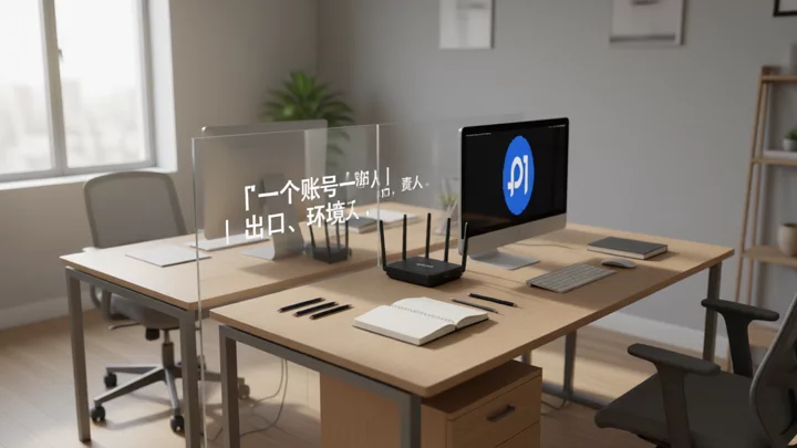 同一间办公室被玻璃隔断分成两个各自独立的工作位，每个位置有独立的显示器、键盘和网络设备，用来示意一个账号一套独立环境