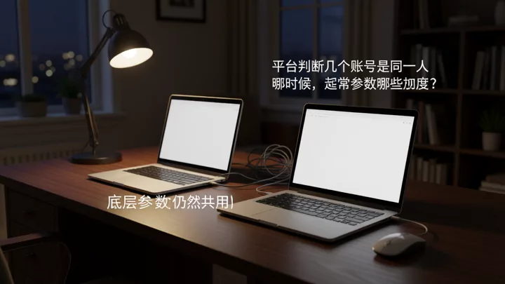 两台并排摆放的同型号笔记本，一台被暖色台灯照亮，另一台只有屏幕冷光，用来表现同一台设备环境下多窗口共用参数的场景