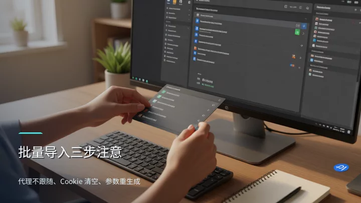 指纹浏览器批量导入导出配置组时代理绑定与参数重置操作界面
