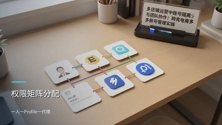 三人五店权限矩阵示意图：每位运营对应的平台账号及读写权限分配