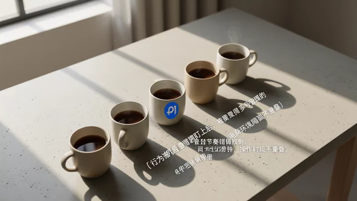 五个杯子以错位排列方式放在混凝土桌面上，深浅不一，示意多店铺操作时间的错峰分布