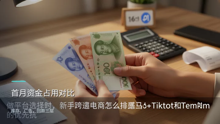 三组不同面值的纸币在计算器旁展开，对应三个平台的首月资金占用量级差异